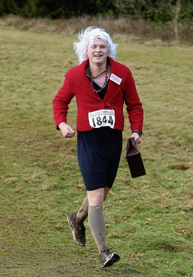 A runner dressed up as British Primister Theresa May at the annual Christmas Cracker Pairs race in Castlewellan organised by the Newcastle AC. Picture Mal McCann.