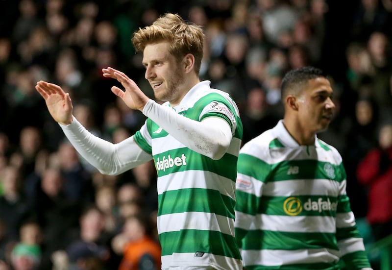 Celtic's Stuart Armstrong celebrates scoring his side&rsquo;s second goal during the Ladbrokes Scottish Premiership match against Ross County at Celtic Park&nbsp;