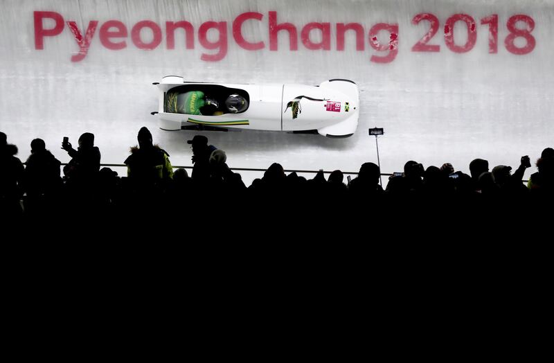 Jamaica in action during the two-woman bobsleigh heat at the 2018 Winter Olympics in Pyeongchang