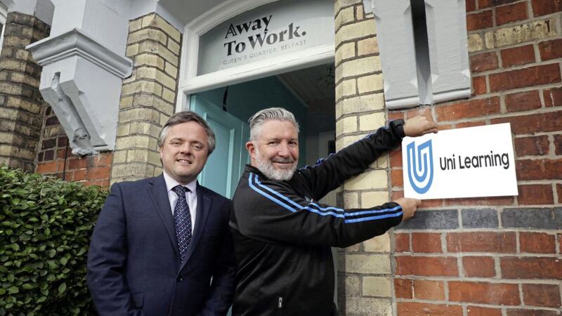 Carl Whyte from Away to Work, pictured with Uni Learning head tutor, Harry McMahon at the company&#39;s new Belfast office 
