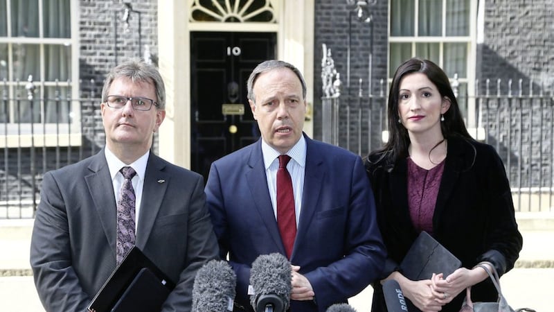 DUP MPs Jeffrey Donaldson, Nigel Dodds and Emma Little Pengelly after talks at 10 Downing Street, London, as negotiations continue between Theresa May's Conservatives and the DUP over a deal under which the party could prop up a minority Tory administration