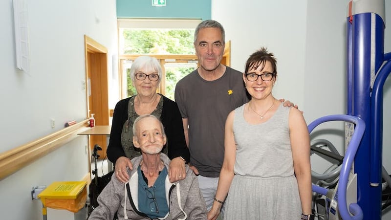 Patient Trevor Corry from Lisburn and his wife Delia and daughter Clare Gibson with actor James Nesbitt (Handout/PA)