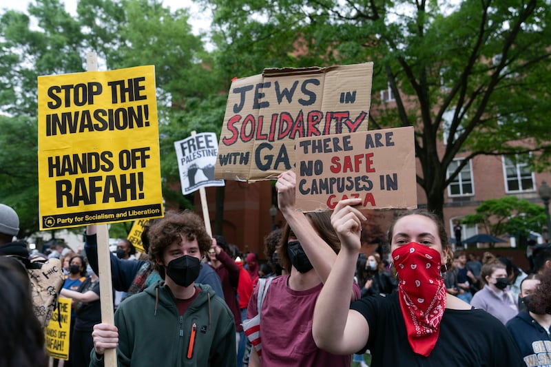 George Washington University students rally on campus during a pro-Palestinian protest over the Israel-Hamas war (Jose Luis Magana/AP)