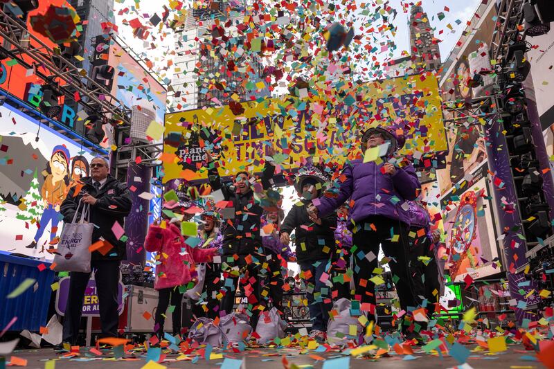 Confetti is released during a test ahead of New Year’s Eve in Times Square (Yuki Iwamura/AP)