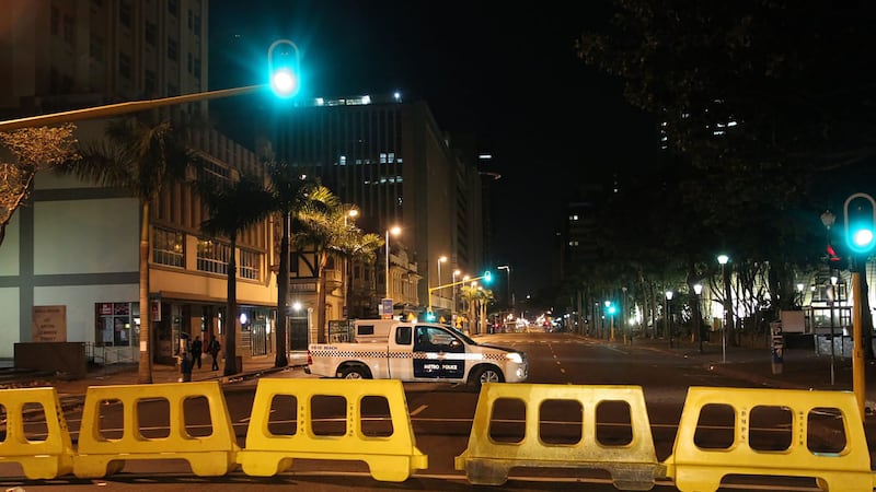 A road is blocked off in downtown Durban South Africa, Thursday, July 15, 2021, as unrest continued in the KwaZulu Natal province (AP Photo)&nbsp;