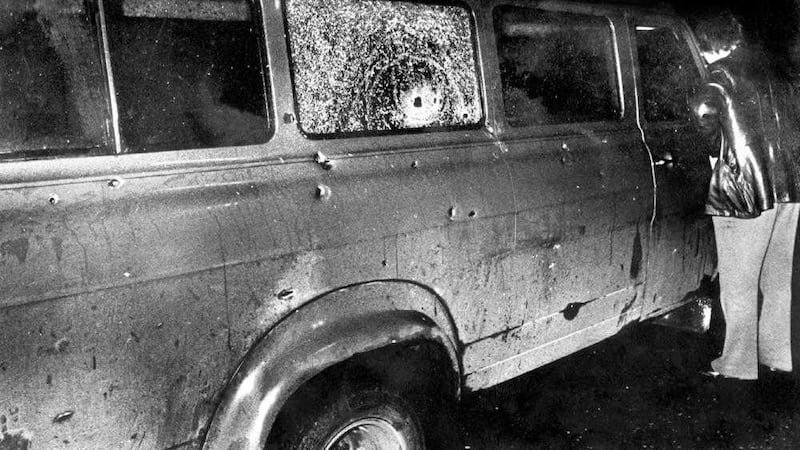 The minibus at the scene of the massacre of 10 protestant workman shot dead by the IRA. 