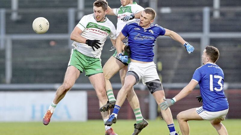 Enda McGarrity leaps into action for Galbally against St Naul&#39;s of Donegal during the 2019 Ulster Club Intermediate Football semi-final. Picture Margaret McLaughlin 