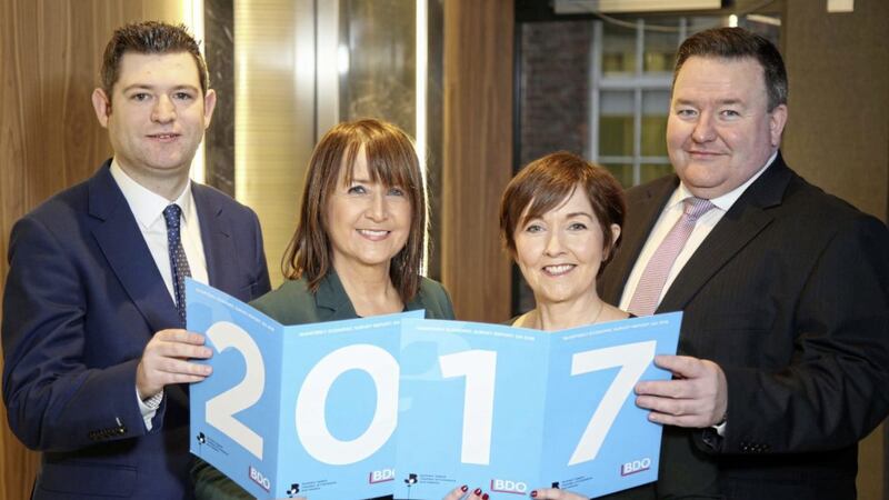 Pictured at the launch of the quarterly economic survey are Chris Morrow (NI Chamber), Ann McGregor (NI Chamber), Maureen O&rsquo;Reilly (economist) and Brian Murphy (BDO) 
