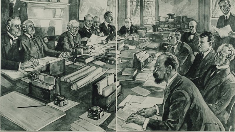 The artist at the Illustrated London News captured the British and Irish negotiation teams at work during the Anglo-Irish Treaty negotiations. 
