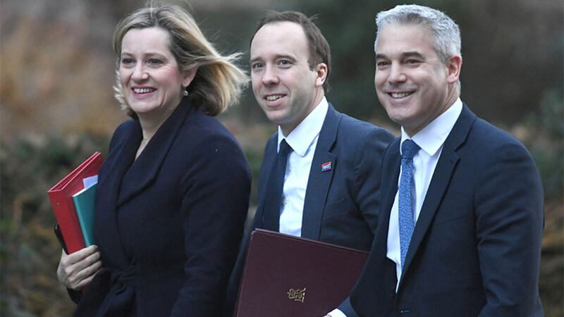 &nbsp;(left to right) Work and Pensions Secretary Amber Rudd with health secretary Matt Hancock and Brexit secretary Stephen Barclay arriving at Downing Street for a Cabinet meeting.<br /><br />&nbsp;