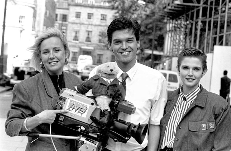 A photo from September 1987 of&nbsp;BBC TV's new Saturday morning children's programme Going Live hosts Sarah Greene, Gordon the Gopher, Phillip Schofield and resident fashion expert Annnabel Giles
