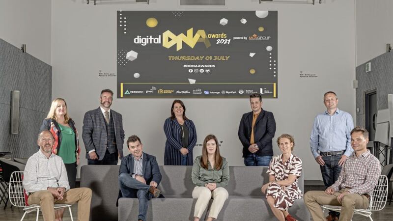 Sponsors gather at Ormeau Baths to announce final plans for Digital DNA Awards on July 1. Seated (from left) - Andrew Jordan (PwC), Sean Devlin (MCS Group), Orlaith Kelly (Version 1), S&iacute;ofra Healy (Community Foundation NI) and Trevor McCullough Signifyd). Standing - Dr Shirley Davey (Ulster University), Professor Jonathan Wallace (Ulster University Faculty of Computing, Engineering and the Built Environment), Clare Dowds (Ormeau Baths), Jason Bell (iManage) and Jeremy Biggerstaff (Flint Studios) 