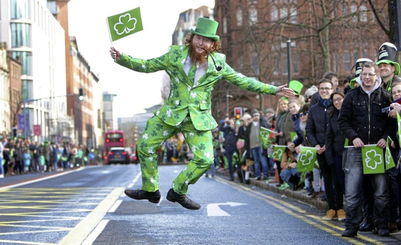 Jumping for joy at the St Patrick&#39;s Day parade in Belfast city centre yesterday. Picture by Ann McManus 