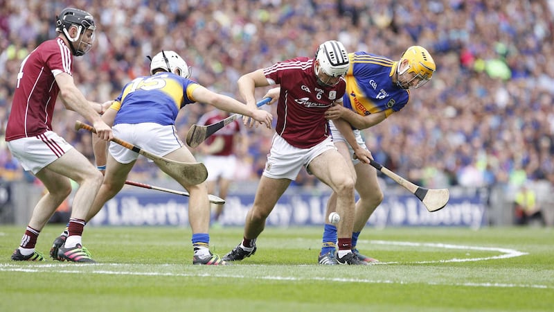 Galway's Daithi Burke and Tipperary's Seamus Callanan battle for possession the All-Ireland Senior hurling semi-final at Croke Park. Picture Colm O'Reilly&nbsp;