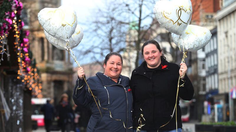 Jayne Robinson and Laura McKee pictured outside Belfast City Hall as they launch the petition for marriage equality. Picture by Hugh Russell&nbsp;