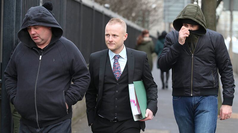 Jamie Bryson arrives at Belfast Magistrates Court.Picture by Hugh Russell&nbsp;