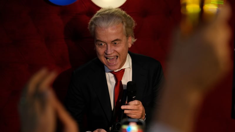 Geert Wilders, leader of the Party for Freedom, known as PVV, reacts to first preliminary results of general elections