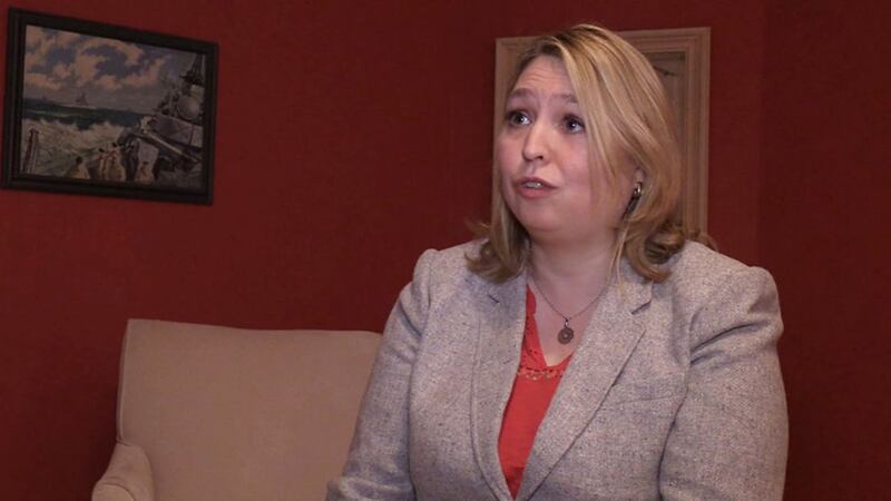 Karen Bradley pictured speaking to the media last night following her apology over her comments regarding security force killings&nbsp;