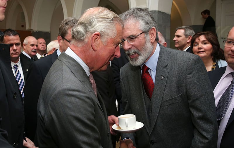 File photo dated 19/5/2015 of the Prince of Wales (left) shaking hands with Sinn F&eacute;in president Gerry Adams at the National University of Ireland in Galway&nbsp;