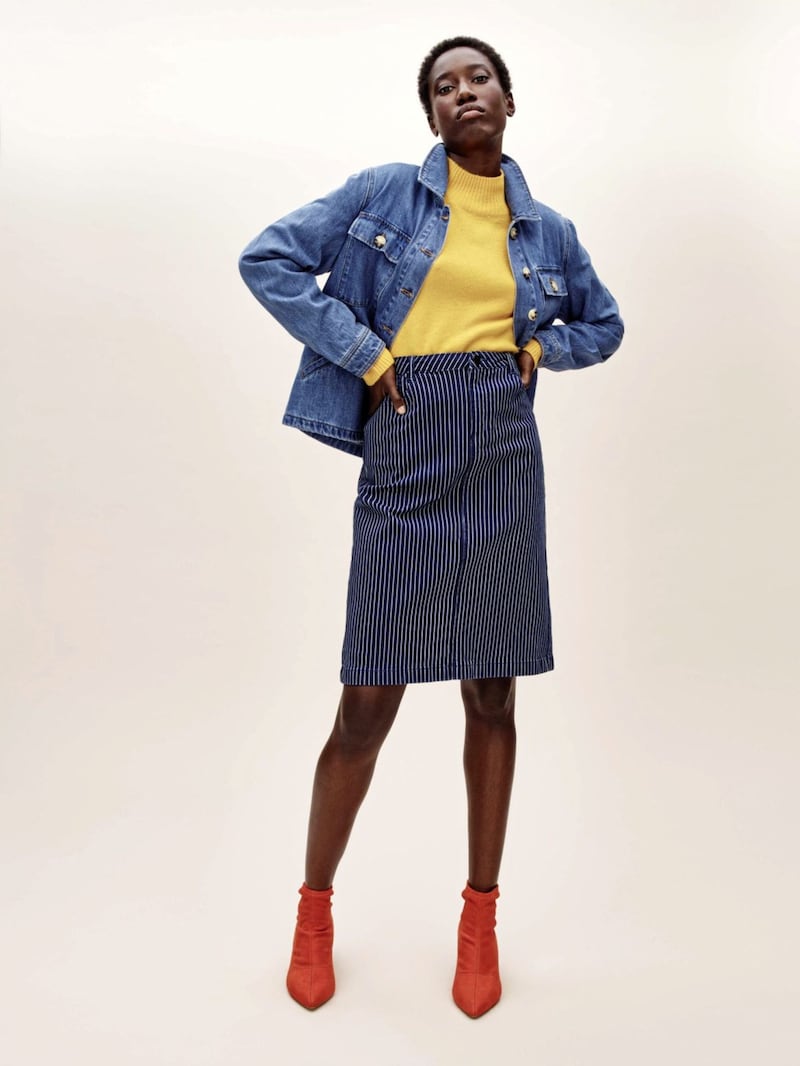 Tu at Sainsbury&#39;s Denim Jacket, &pound;25; Yellow Roll Neck Jumper, &pound;16; Stripe Pencil Skirt, &pound;16; Online Exclusive Orange Sock Ankle Boots, &pound;20, all Sainsbury&#39;s (clothing available in February) 