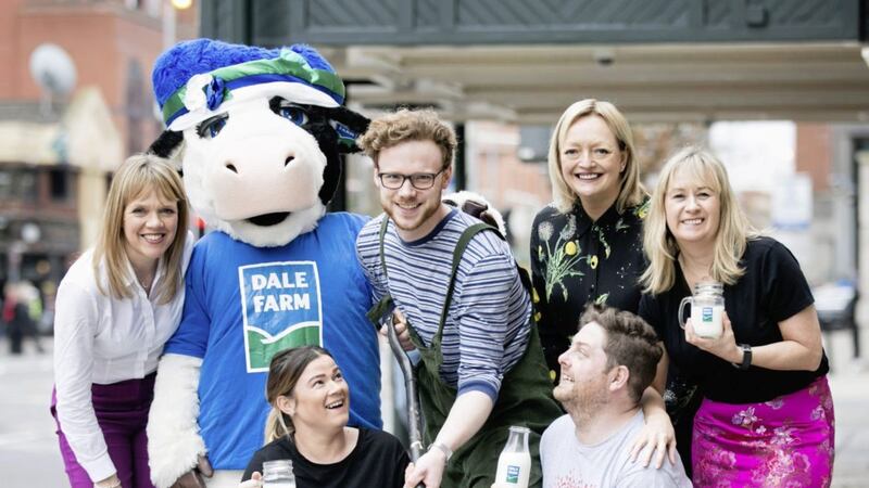 Caroline Martin, head of marketing with Dale Farm is pictured with Dale Farm mascot Bella; the cast and crew of &#39;Seasons of Safety&#39; from Pintsized Productions; Mary Nagele, Arts &amp; Business and Aine Dolan from Grand Opera House. 