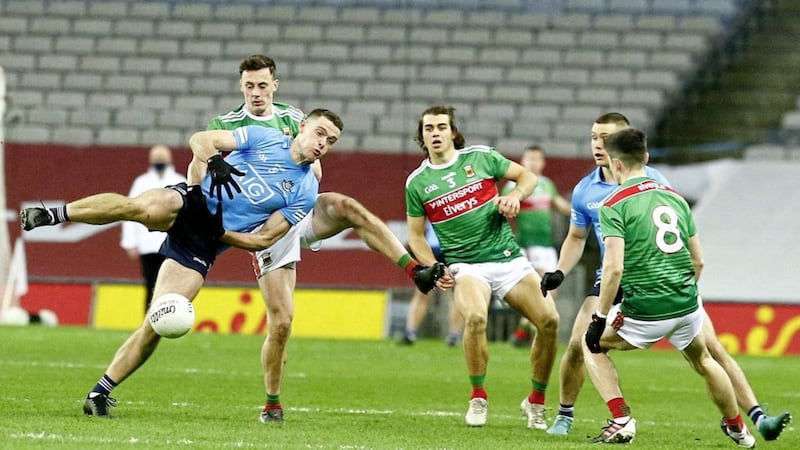 Dublin&rsquo;s Brian Fenton and Mayo&rsquo;s Diarmuid O&rsquo;Connor in action during the GAA Football All-Ireland Senior Championship Final between Dublin and Mayo at Croke Park, Dublin on December 19 2020. Picture by Philip Walsh 