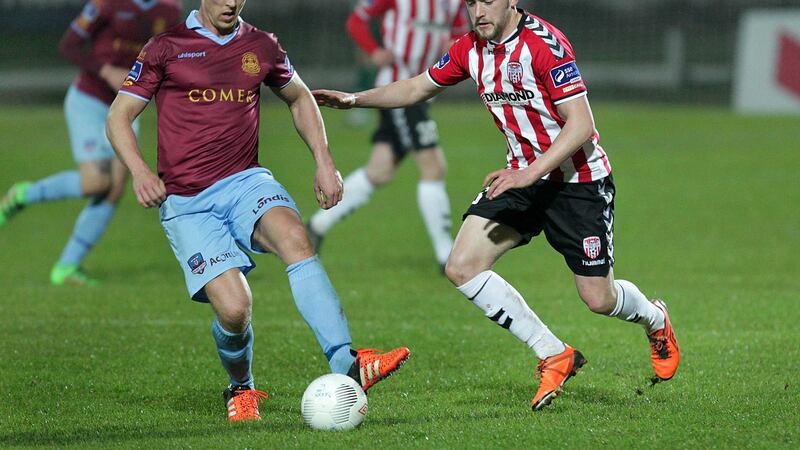 Derry City&rsquo;s Dean Jarvis with John Sullivan of Galway United during last night&rsquo;s Airtricity League Premier Division match at Brandywell, which finished 2-1 to the home side