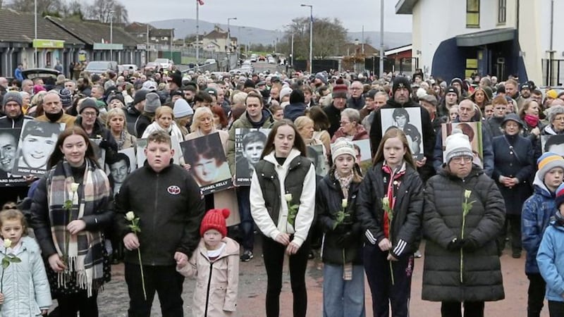 Children, grandchildren and great-grandchildren carried white roses in memory of the Bloody Sunday dead. Picture by Margaret McLaughlin. 