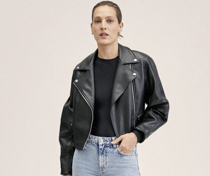 Mango Leather-effect Biker Jacket, &pound;59.99; Long-sleeve T-shirt with Ruffles, &pound;17.99; Mid-rise Wideleg Jeans, &pound;35.99, available from Mango 