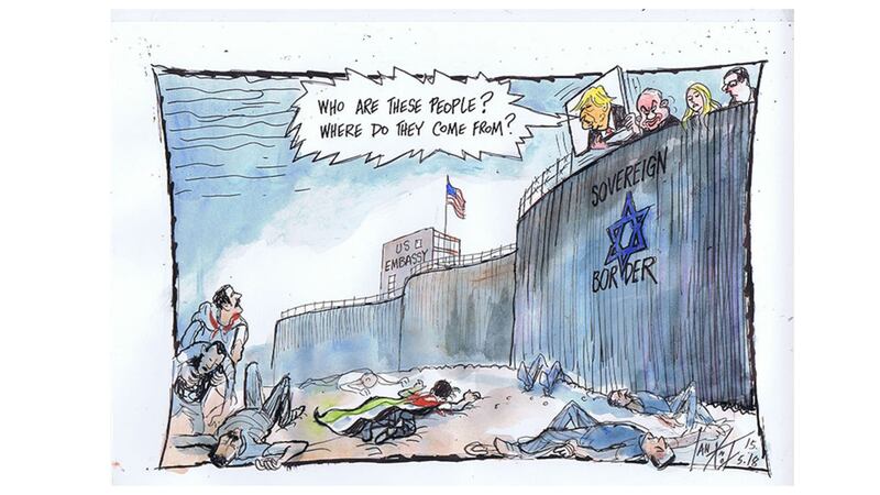 &nbsp;Ian Knox cartoon Tuesday May 15 2018: Donald Trump opens the US embassy by video link with daughter Ivanka being there in person.  Netanyahu declares it &quot;a glorious day&quot; while more than 50 Palestinian protesters are killed and 2,400 wounded by Israeli troops