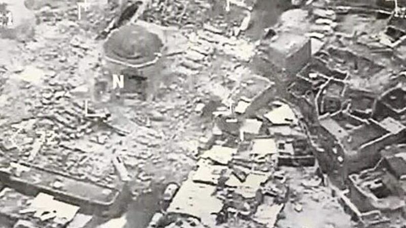An image showing Al-Nuri mosque destroyed by the Islamic State group, in Mosul, Iraq Picture: US CENTCOM via AP) 