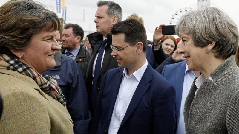 Prime Minister Theresa May and Northern Ireland Secretary James Brokenshire meet DUP leader Arlene Foster during a visit to the Balmoral Show on Saturday. Picture by Stefan Rousseau/PA Wire 