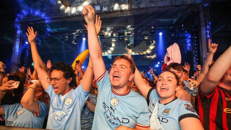 Noel Gallagher shares delight as Manchester City fans and players celebrate treble triumph in Istanbul.
