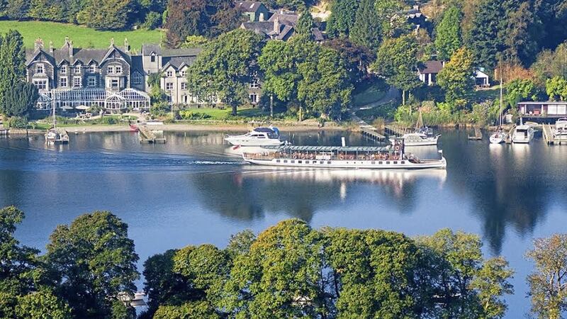 The view of the Lakeside Hotel from the far bank of Windermere 