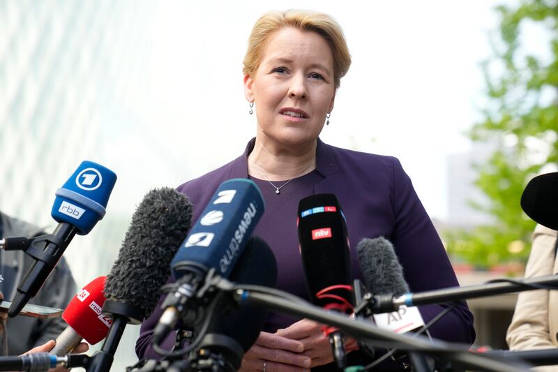 Franziska Giffey speaks to the media after an event about solar energy in Berlin (Ebrahim Noroozi/AP)