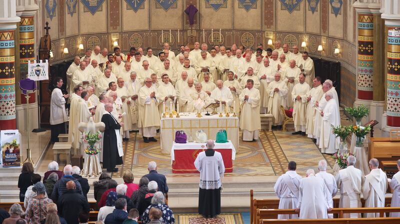 Bishop Alan McGuckian during the Chrism Mass at St Peter’s Cathedral in West Belfast on Wednesday.

PICTURE COLM LENAGHAN