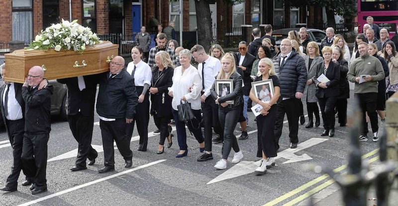 The funeral of Liam Holden the last man sentenced to deathin the North  get on the way from St John's Church on the Falls Road in West Belfast Picture By Hugh Russell. 