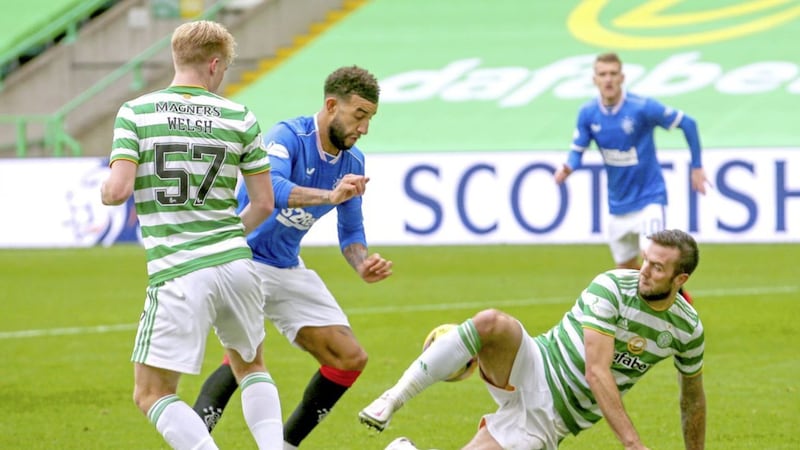 Rangers&#39; Connor Goldson (second left) gets the ball around Celtic&#39;s Shane Duffy (right) to score his side&#39;s second goal of the game during the Scottish Premiership match at Celtic Park, Glasgow on Saturday October 17 2020. Picture by Jane Barlow/PA 