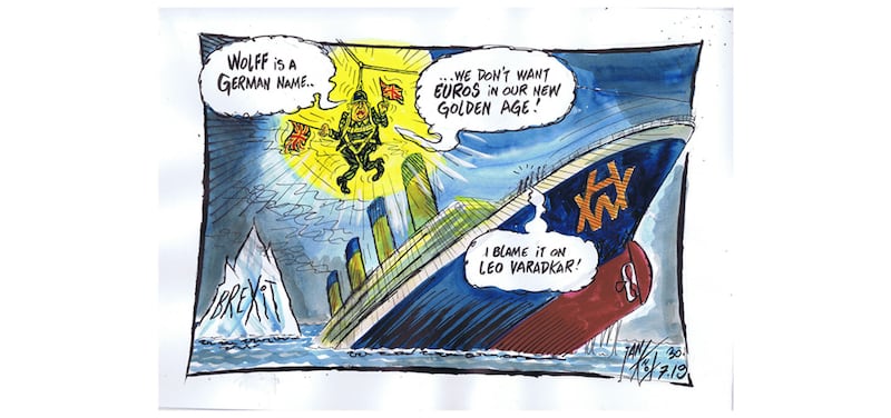 Ian Knox cartoon 30/7/19: The iconic ship building heart of industrial Belfast appears to be beating it&rsquo;s last, ironically on the eve of a flood of new orders. Like the captain of the Titanic, asleep at the wheel, the local MP Gavin Robinson seems scarcely to have been aware, and acts like a frightened rabbit, trapped in the headlights. When asked if he backs the workers demands for nationalisation, he is incoherently circumspect. One wonders how different would be the situation were Naomi Long still the MP&nbsp;