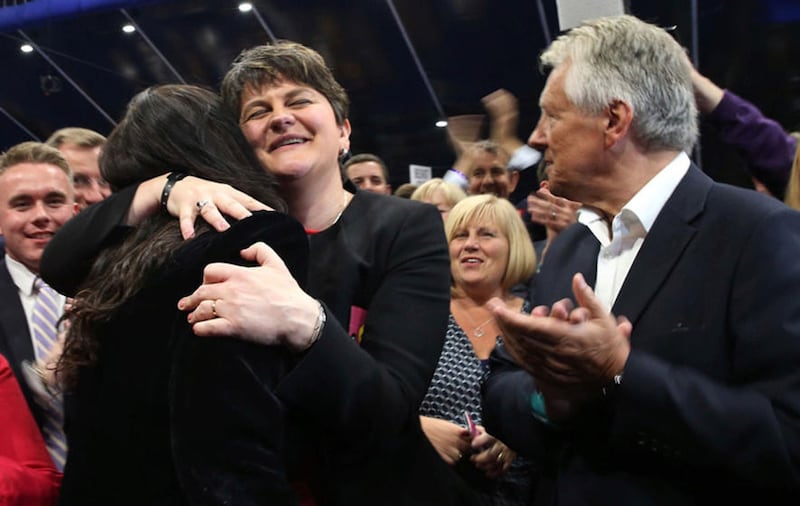 &nbsp;The DUP's Emma Little Pengelly celebrates being elected MP for South Belfast at the Titanic exhibition centre with DUP leader Arlene Foster and former leader Peter Robinson. Picture from Niall Carson/PA Wire.