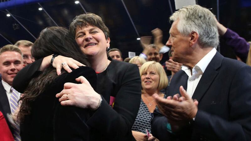 &nbsp;The DUP's Emma Little Pengelly celebrates being elected MP for South Belfast at the Titanic exhibition centre with DUP leader Arlene Foster and former leader Peter Robinson. Picture from Niall Carson/PA Wire.