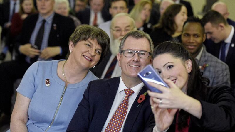 Arlene Foster (left), Leader of the DUP, poses for a selfie with Jeffery Donaldson MP and Emma Little Pengelly MP, during the DUP annual conference at the Crown Plaza Hotel in Belfast. PA Photo. Picture date: Saturday October 26, 2019. See PA story ULSTER Politics. Photo credit should read: Michael Cooper/PA Wire 
