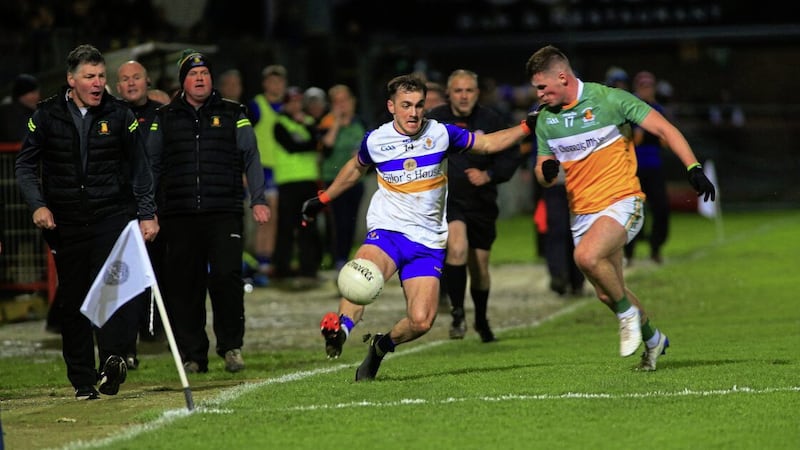 Errigal Ciaran&#39;s Darragh Canavan in action against Carrickmore&#39;s James Donaghy in this year&#39;s Tyrone SFC final at Healy Park. live streaming of club games via Tyrone GAA TV has proven to be very popular at home and abroad Picture: Seamus Loughran 
