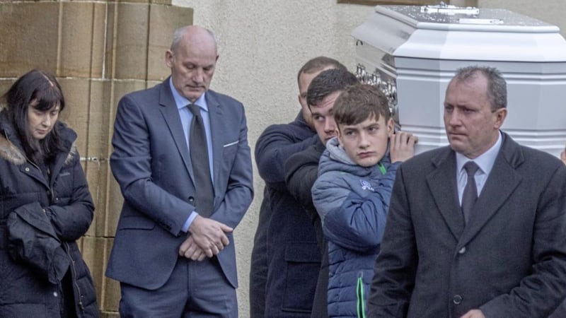 Donegal nurse, Mary Ellen Molloy&#39;s heartbroken parents Angela and Terence followed as her remains were carried from the Church of the Holy Family in Ardara. PICTURE: North West Newspix 