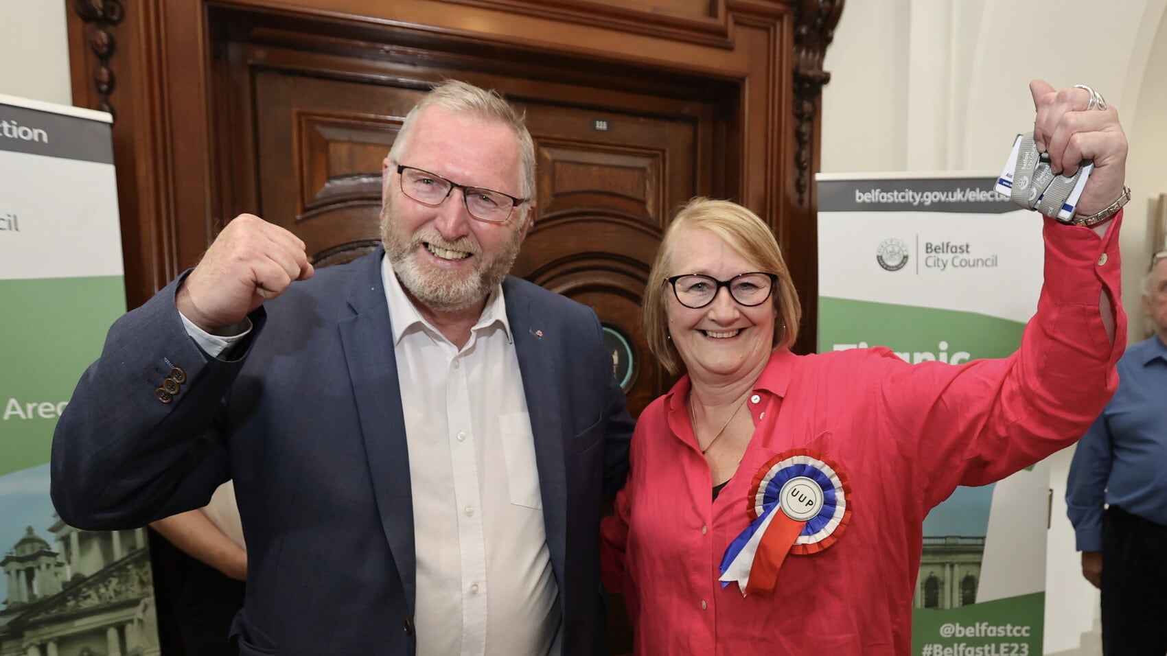 UUP leader Doug Beattie celebrates with the re-elected Belfast councillor Sonya Copeland. Picture by Liam McBurney/PA