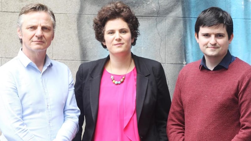 Irish News political correspondent John Manley (left) with South Belfast MLA Claire Hanna and Slugger O&#39;Toole deputy editor David McCann  