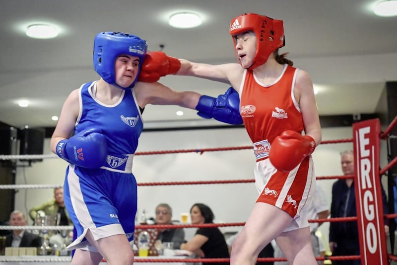 Ring ABC&#39;s Eva Gallagher (red) and Chloe McGonigle (St Bridget&#39;s) had the crowd on their feet after a brilliant fight at the Maldron Hotel in Derry on Friday night. Picture by Peter McKane 