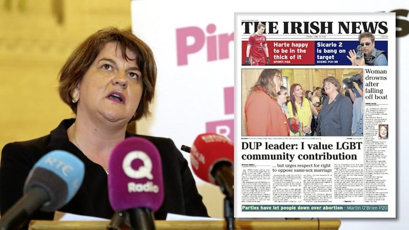 DUP leader Arlene Foster at the PinkNews event, and inset, how The Irish News reported on her attendance. Picture by Declan Roughan 