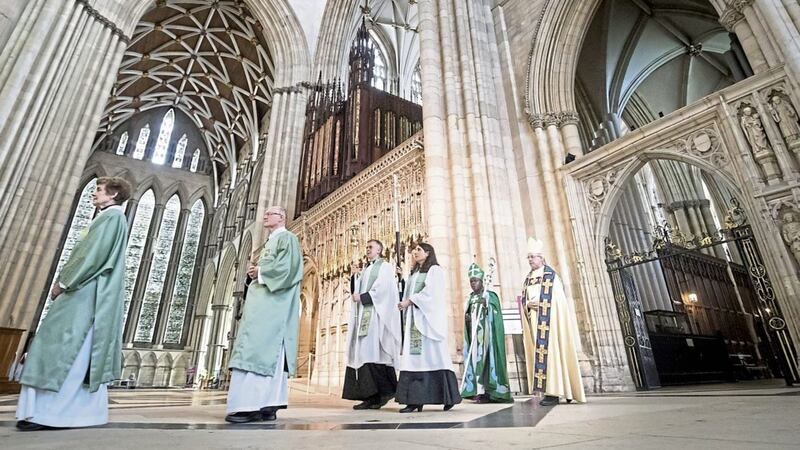 &lsquo;SEA CHANGE&rsquo;: Archbishop of York John Sentamu and the Archbishop of Canterbury Justin Welby during the procession ahead of the Eucharist at York Minster, as the Church of England&rsquo;s ruling body prepared to vote on providing special services for transgender people to mark their transition 			                        Picture: Danny Lawson/PA 