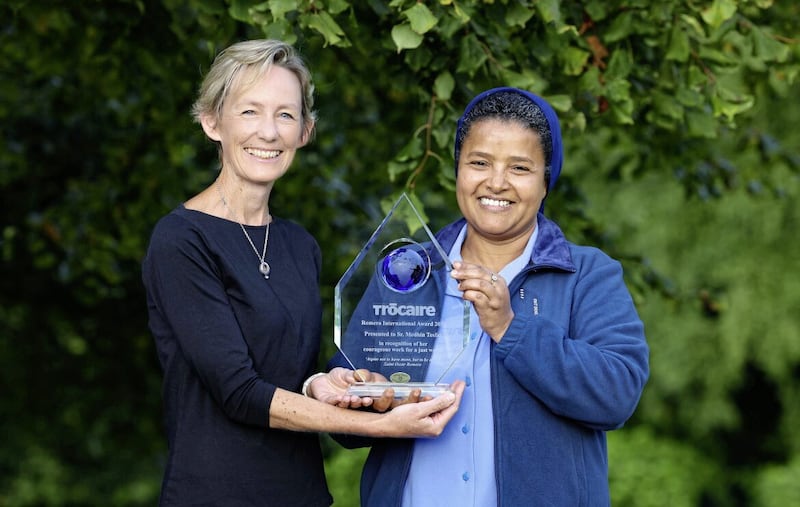 Sister Medhin Tesfay from Ethiopia, pictured with Tr&oacute;caire CEO Caoimhe de Barra, has been presented with the Tr&oacute;caire &lsquo;Romero International Award&rsquo; in recognition of her extraordinary courage and commitment to the transformative and life-saving work of the Daughters of Charity in Ethiopia for nearly three decades. Picture by Justin Kernoghan 